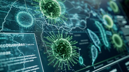 Obraz premium Showcases a public health display, illustrating the spread of infections in populations with expansive maps alongside microscopic views of bacteria and viruses highlighted in deep greens