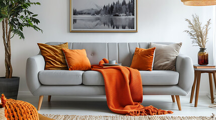 Orange blanket on grey sofa in modern apartment interior with poster and wooden table, Real photo