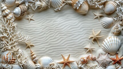 Fototapeta na wymiar Creative layout made of starfishes, corals and seashells on white background with copy space