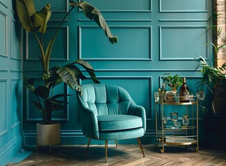 The interior of a stylish home with a teal panelled wall