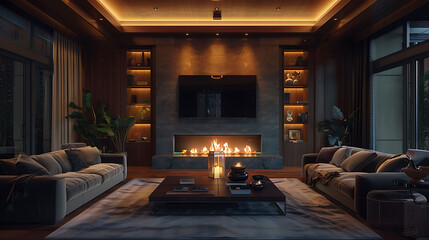 Panoramic view of luxurious living room with fireplace, tv and two couches