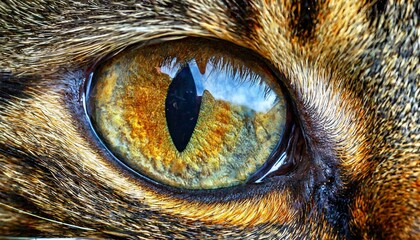 close up of a cats eye showcasing its unique iris pattern, whiskers, and fluffy fur. The detailed macro photography captures the beauty of this terrestrial animals eye, resembling art in wildlife