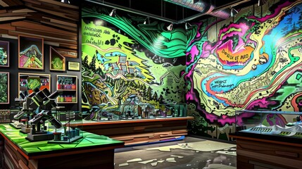 Fototapeta premium Showcases a geology lab where students use microscopes to examine mineral samples and a large wall map of forested regions, both depicted in deep greens to highlight natural patterns and formations