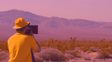 Showcases a documentary filmmaker in environmental science, filming in a desert landscape where the earthy browns help convey the urgency of addressing climate change