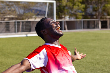 African American young male athlete celebrating on soccer field outdoors, copy space