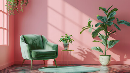 Pink room with green armchair, rug and side table