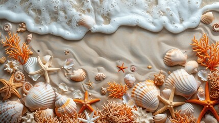 Creative layout made of starfishes, corals and seashells on white background