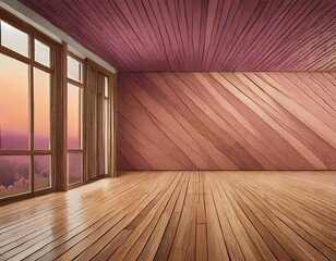 Wooden floor in a rectangle room with peach walls painted in shades of magenta. The hardwood flooring is complemented by a brown wood pattern
