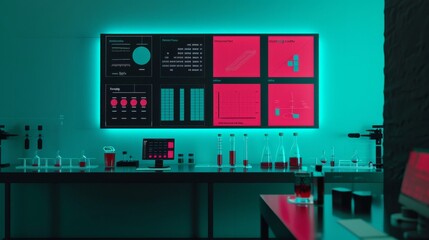 Showcases a chemistry conference poster session, where a researcher presents a poster with striking red graphs and images representing experimental data from a recent innovative study