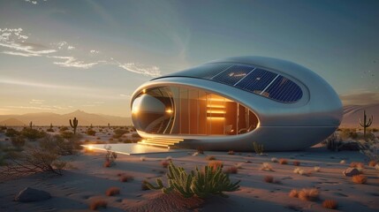 A futuristic domeshaped home stands in a desert landscape utilizing solar panels and a large biofuel cell to power its advanced technology. The structure is sleek and minimalistic .