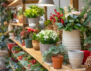 display of flowerpots and vases with plants on a shelf, showcasing creative arts in pottery and beautiful floral arrangements as Christmas decorations