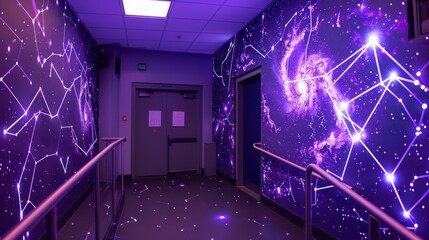 Photographs the heart of a universitys astrophysics department, where a detailed star map in shades of cosmic purple adorns the walls, symbolizing the deep mysteries of space - obrazy, fototapety, plakaty