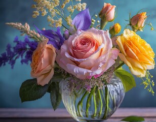 creative arts image showing a close up of a beautiful bouquet of flowers in a vase, featuring various blooming plants such as roses and other flowering plants from the rose family