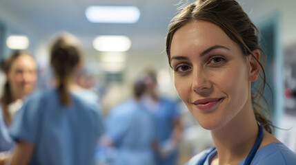 female hospital nurse looking at the camera at hospital ward with coworkers in the background