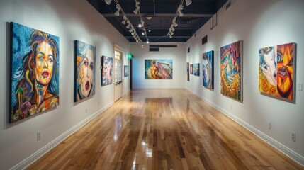 A group of finished paintings displayed on gallery walls each one with a distinct style and vision...