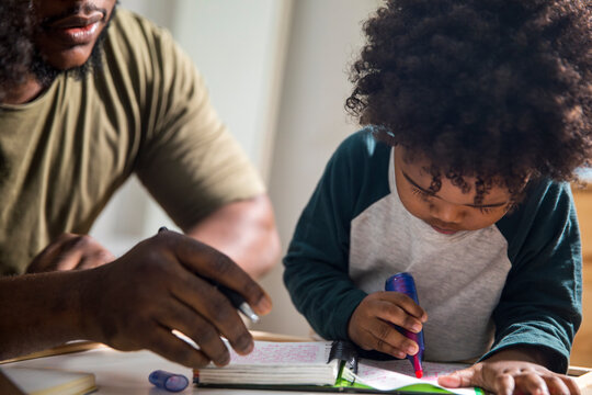 Father guiding son in studies at home