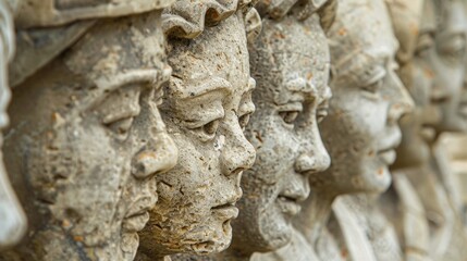 Closeup of a stone sculpture showcasing a group of people with diverse ethnicities and cultures highlighting the importance of acceptance and harmony. .