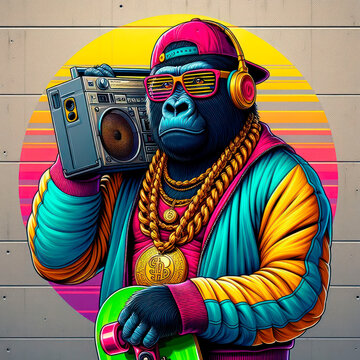 A cool female gorilla with glasses and a radio in 80s style pop art 