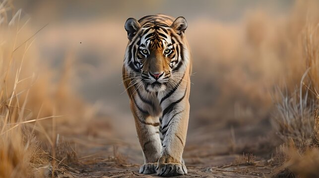 A Lone Tiger's Quiet Stride into the Unknown. Concept Wildlife Photography, Nature Exploration, Endangered Species Conservation, Majestic Animals, Habitat Preservation