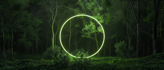 Enigmatic Green Neon Circle Illuminating a Shadowy Forest at Night
