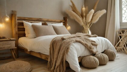 Fototapeta na wymiar A close up of a bed with beige linens and wool pillows. The wood bedframe adds a rustic touch to the cozy bedroom decor