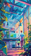 Captures a scientist analyzing data on energy efficiency improvements, in a workspace surrounded by plants and greenthemed decor to inspire ecoconscious work
