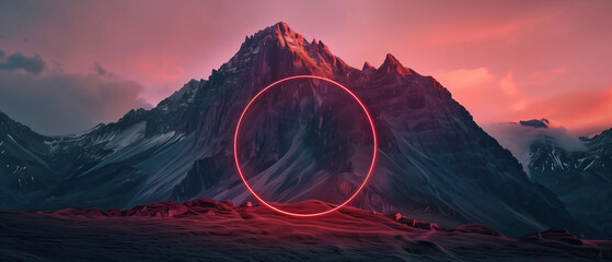 Ethereal Neon Portal Amidst Majestic Snow-Capped Mountains Under a Crimson Sky
