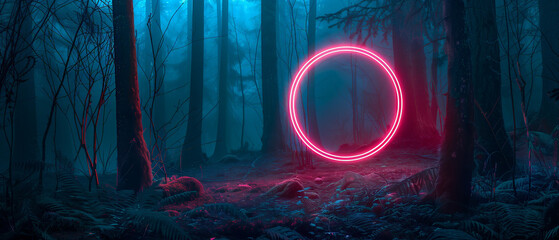 Mysterious Glowing Neon Circle in a Dark Misty Forest - Conceptual Landscape Artwork
