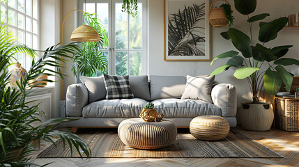 Stylish and design composition of living room with gray sofa, rattan armchair, cube, plaid, pillows, tropical plants, macrame and elegant accessories, Stylish home decor, Bright interior, Template