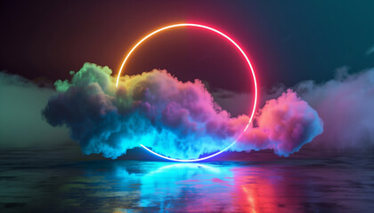 Surreal Neon Circle Lighting Up the Ethereal Cloudscape and Reflective Waterscape
