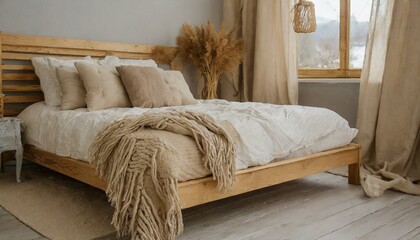 A close up of a bed with beige linens and wool pillows. The wood bedframe adds a rustic touch to the cozy bedroom decor