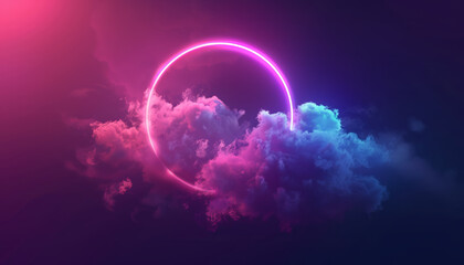Surreal Neon Ring Encircled by Dreamlike Clouds in a Vivid Purple Cosmos - A Digital Artwork
