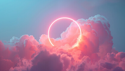 Neon Glow Crescent Amidst Clouds at Dusk - A Surreal Digital Illustration with Copy Space

