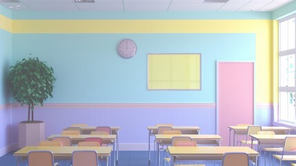 Captures a classroom scene where the walls are adorned with bright yellow educational posters, illuminating the space with an enlightening and stimulating atmosphere for learning science