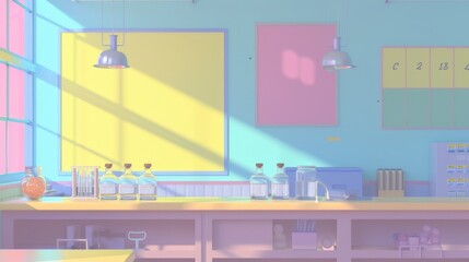 Captures a classroom scene where the walls are adorned with bright yellow educational posters, illuminating the space with an enlightening and stimulating atmosphere for learning science