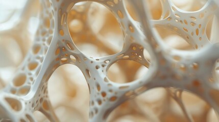 Macro shot of a bioprinted bone structure highlighting the intricate network of cells and vessels within .