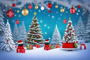 A merry Christmas setting with gifts under beautifully decorated trees, Sparkling Christmas trees surrounded by holiday gifts, Festive scene with twinkling Christmas trees and colorful presents.