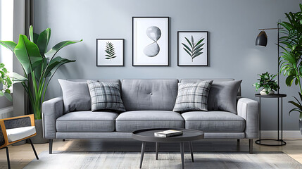 Stylish and scandinavian living room interior of modern apartment with gray sofa, pillows, plaid, plants, design wooden commode, black table, lamp, abstrac paintings on the wall, Modern home decor