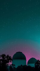Captures an astronomical observatory at dusk, the domes silhouetted against a sky painted in cosmic purples, evoking the mystery of the universe waiting to be explored