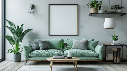 Stylish interior design of living room with modern mint sofa, wooden console, cube, coffee table, lamp, plant, mock up poster frame, pillows, plaid, decoration and elegant accessories in home decor