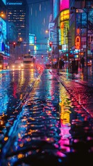 Wet city streets reflecting street lights on a rainy night