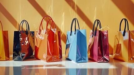 A row of glossy shopping bags from high-end retailers