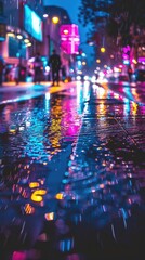 Neon lights reflecting on a glossy urban street at night