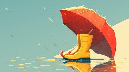 A flat 2d illustration showing yellow rubber boots resting in a puddle beneath a vibrant red umbrella against a white backdrop offering ample copy space