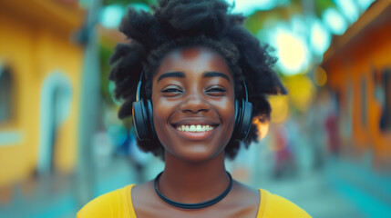 A radiant young African American woman with a beaming smile wearing headphones in a bustling urban street setting, reflecting a moment of musical bliss.