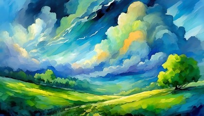 natural landscape painted with tints and shades of green, featuring cumulus clouds in electric blue. The art captures the meteorological phenomenon with a pattern of clouds in the landscape