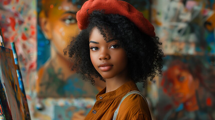 A young African American woman painting in a studio, her eyes reflecting the myriad of colors from...