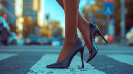 Elegance of black high heels captured on a busy city crosswalk, symbolizing urban fashion and the pace of city life.