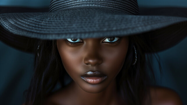 A close-up portrait of a young African American woman gazing into the camera, her eyes accentuated by the shadow of a wide-brimmed hat.