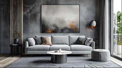 Stylish scandinavian home interior of living room with design gray sofa, armchair, marble stool, black coffee table, modern paintings, decoration, plant and elegant personal accessories in home decor